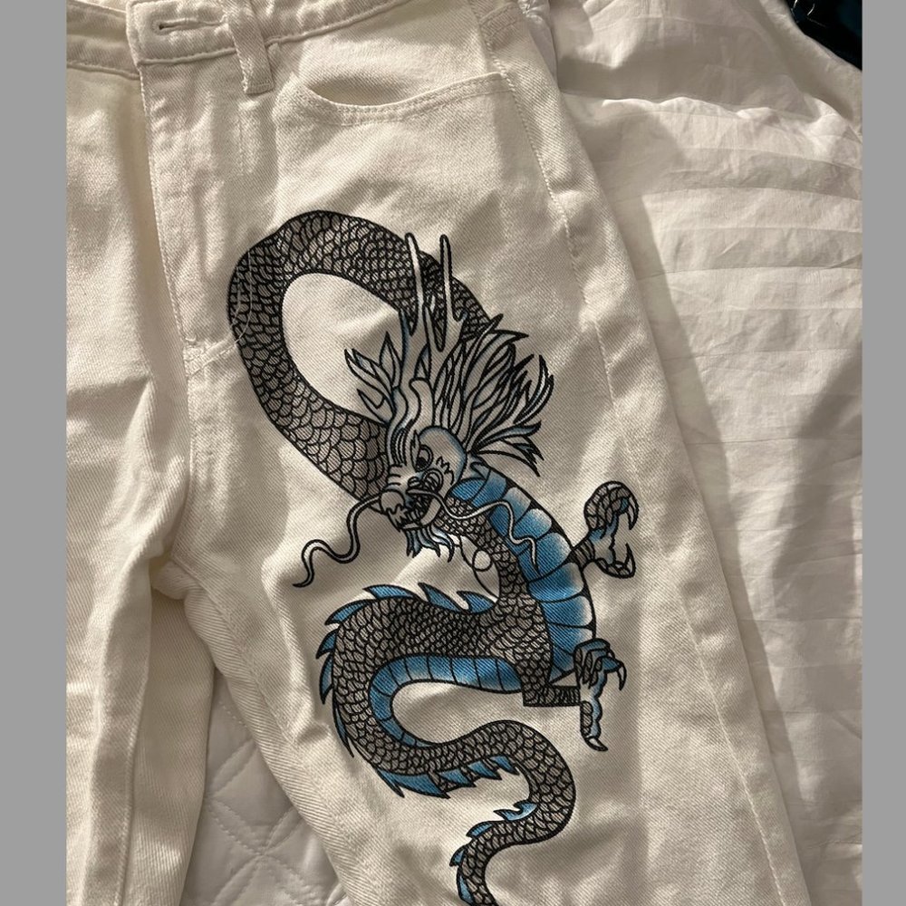 Adika Dragon Decal White Straight Leg Jeans